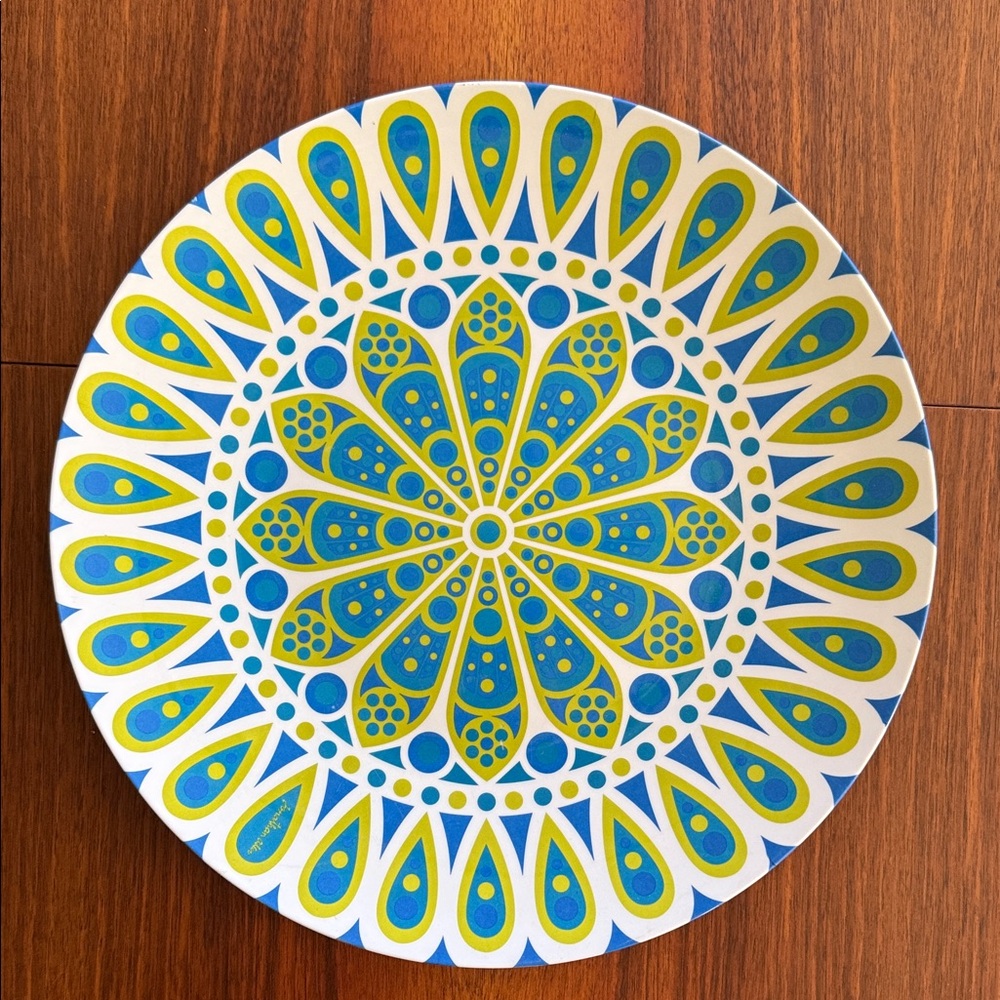 Large Jonathan Adler Happy Home Melamine Serving Plate. Colorful peacock pattern